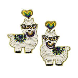 Mardi Gras Party Llama Seed Bead Drop Earrings NEW